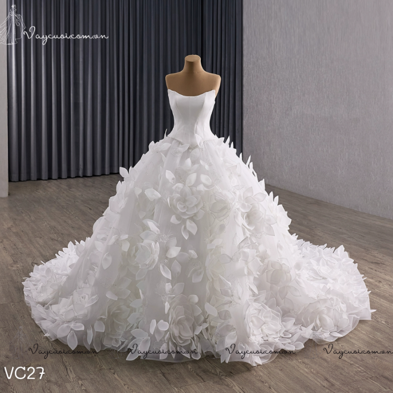 Váy Cưới Ruisimei Bridal - Váy Cưới Trắng Trễ Vai Họa Tiết Hoa 3D, Đuôi Dài Cao Cấp VC27