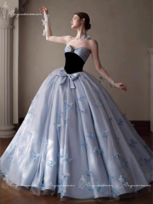 VC72, DDT7 Váy Dạ Hội, Váy Cưới Công Chúa Màu Xanh Nhạt Kiểu Pháp (Thiết Kế Không Dây Duyên Dáng) 2