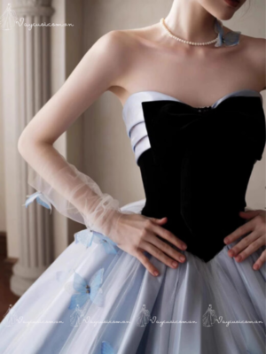 VC72, DDT7 Váy Dạ Hội, Váy Cưới Công Chúa Màu Xanh Nhạt Kiểu Pháp (Thiết Kế Không Dây Duyên Dáng) 4