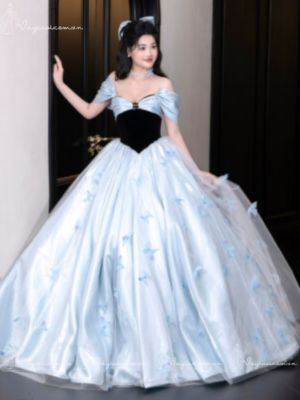 VC72, DDT7 Váy Dạ Hội, Váy Cưới Công Chúa Màu Xanh Nhạt Kiểu Pháp (Thiết Kế Không Dây Duyên Dáng) 6
