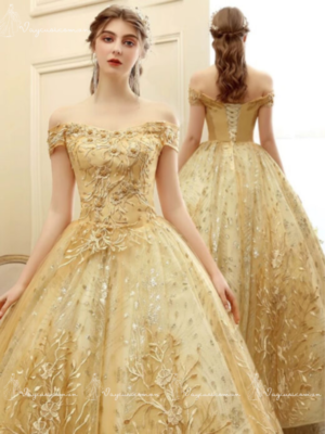 VC77 Váy Cưới Công Chúa Màu Vàng Đồng Lấp Lánh 1