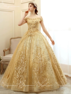 VC77 Váy Cưới Công Chúa Màu Vàng Đồng Lấp Lánh 2
