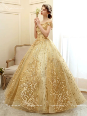 VC77 Váy Cưới Công Chúa Màu Vàng Đồng Lấp Lánh 3