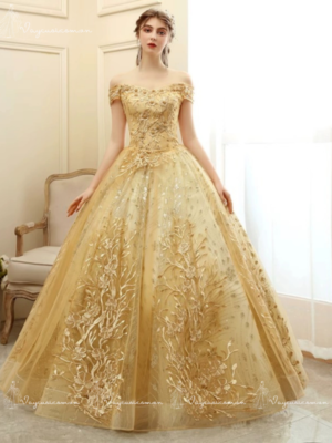 VC77 Váy Cưới Công Chúa Màu Vàng Đồng Lấp Lánh 4