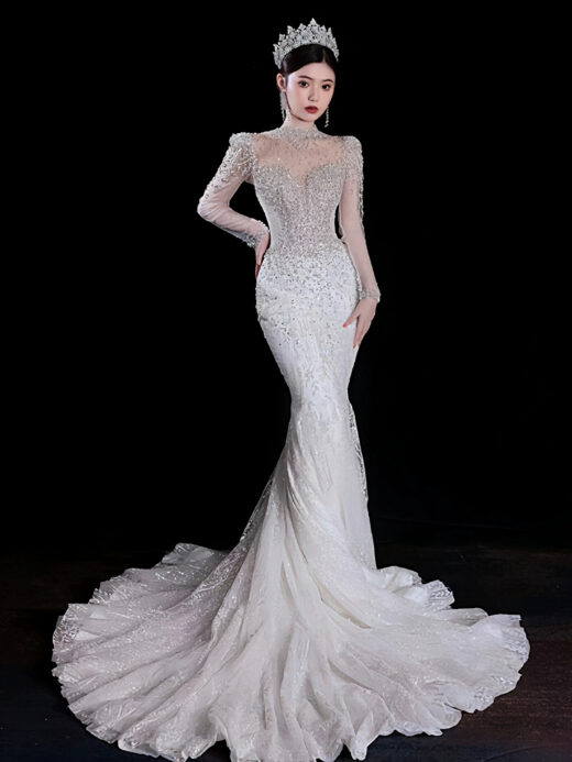 0|  Váy Cưới Đuôi Cá Tay Dài Đính Kết