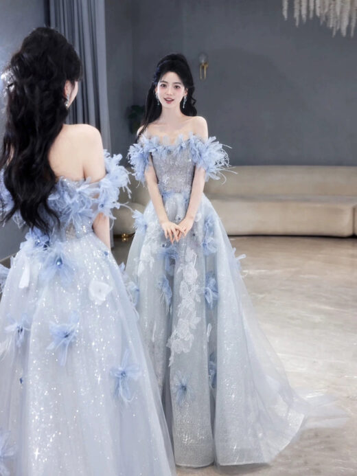 0| Váy Cưới Công Chúa Lông Vũ 3D Màu Xanh