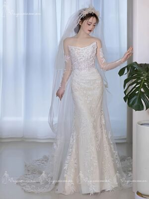 VC105 Váy Cưới Ren Pháp Không Dây 1