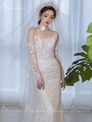 VC105 Váy Cưới Ren Pháp Không Dây 5