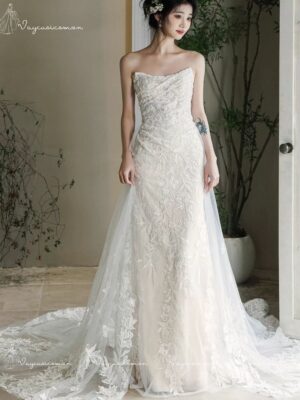 VC105 Váy Cưới Ren Pháp Không Dây 6