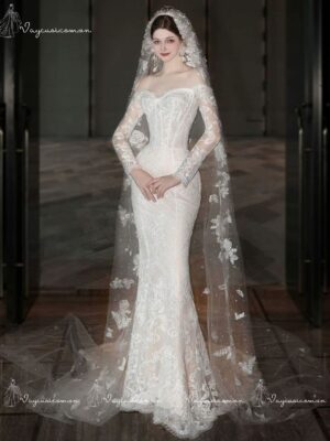 VC106 Váy Cưới Đuôi Cá Trễ Vai Dài Tay 1