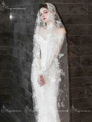 VC106 Váy Cưới Đuôi Cá Trễ Vai Dài Tay 3