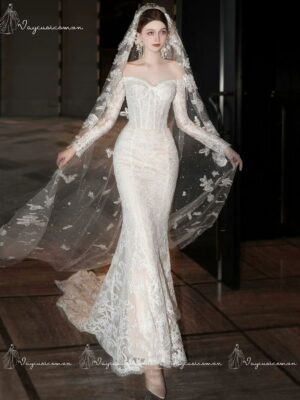 VC106 Váy Cưới Đuôi Cá Trễ Vai Dài Tay 4