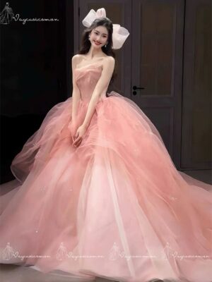 VC122,DDT9 Váy Dạ Hội Công Chúa Hở Vai Màu Hồng 2