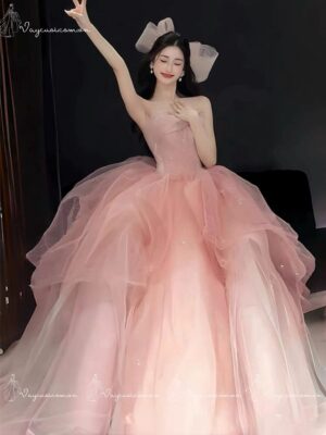 VC122,DDT9 Váy Dạ Hội Công Chúa Hở Vai Màu Hồng 3