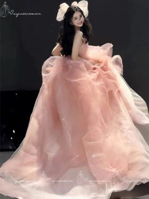 VC122,DDT9 Váy Dạ Hội Công Chúa Hở Vai Màu Hồng 5