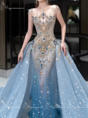 VC143 Đầm Dạ Hội Đuôi Cá Cúp Ngực Xanh Gradient Bầu Trời Sao  1