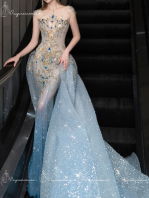 VC143 Đầm Dạ Hội Đuôi Cá Cúp Ngực Xanh Gradient Bầu Trời Sao  3