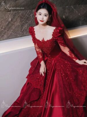 VC87 Váy Cưới Màu Đỏ Lộng Lẫy Dài Tay 1