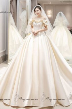 Váy cưới trễ vai bằng vải satin 1 VC29