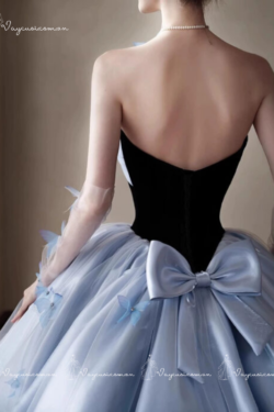 VC72, DDT7 Váy Dạ Hội, Váy Cưới Công Chúa Màu Xanh Nhạt Kiểu Pháp (Thiết Kế Không Dây Duyên Dáng) 5