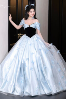 VC72, DDT7 Váy Dạ Hội, Váy Cưới Công Chúa Màu Xanh Nhạt Kiểu Pháp (Thiết Kế Không Dây Duyên Dáng) 6