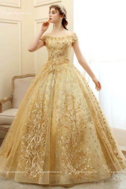 VC77 Váy Cưới Công Chúa Màu Vàng Đồng Lấp Lánh 2