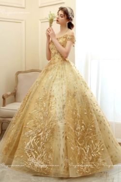 VC77 Váy Cưới Công Chúa Màu Vàng Đồng Lấp Lánh 3