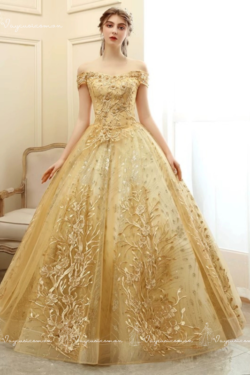 VC77 Váy Cưới Công Chúa Màu Vàng Đồng Lấp Lánh 4