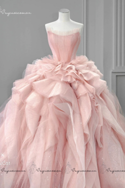 VC81 Váy Cưới Công Chúa Màu Hồng Pastel Kiểu Pháp (Hở Vai, Đuôi Dài) 1