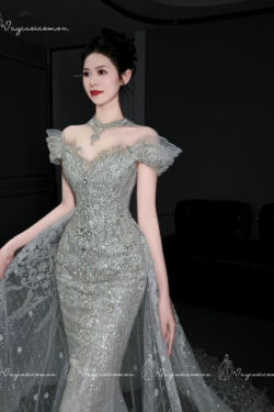 VC82 Váy Cưới Đuôi Cá Trễ Vai Lấp Lánh Kiểu Pháp 4