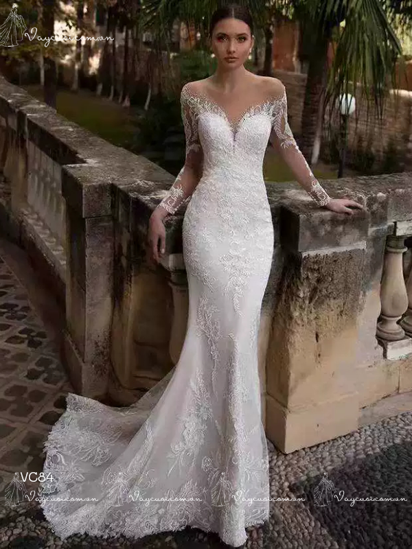 VC84 Váy Cưới Đuôi Cá Ren Tay Dài Ôm Sát (Hở Lưng & Phong Cách Pháp Thanh Lịch) 1 VC84 Váy Cưới Đuôi Cá Ren Tay Dài Ôm Sát (Hở Lưng & Phong Cách Pháp Thanh Lịch) 1