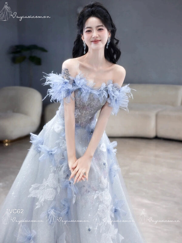 Váy Dạ Hội Váy Cưới Công Chúa Lông Vũ 3D Màu Xanh VC62, DDT4 3