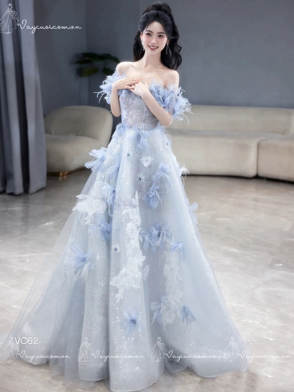 Váy Dạ Hội Váy Cưới Công Chúa Lông Vũ 3D Màu Xanh VC62, DDT4 4