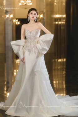 VC100 Váy Cưới Đuôi Cá Satin Không Dây Tôn Dáng Cô Dâu Nhỏ Nhắn 2