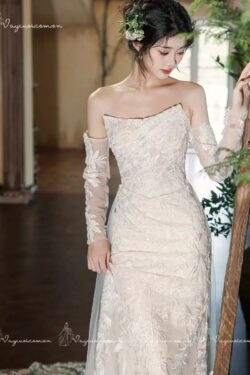 VC105 Váy Cưới Ren Pháp Không Dây 2