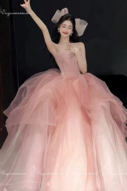 VC122,DDT9 Váy Dạ Hội Công Chúa Hở Vai Màu Hồng 3