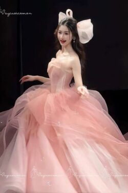VC122,DDT9 Váy Dạ Hội Công Chúa Hở Vai Màu Hồng 4