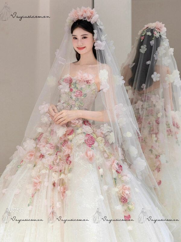VC56 Váy Cưới Công Chúa Sequin Bạc Hologram Lấp Lánh 3
