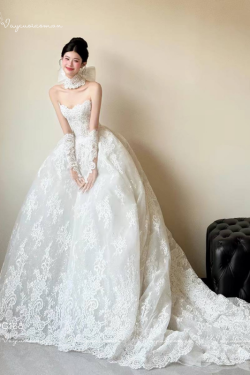 VC168 – Váy Cưới Công Chúa Cúp Ngực Phủ Ren Baroque Đi Kèm Choker Và Găng Tay Quý Tộc